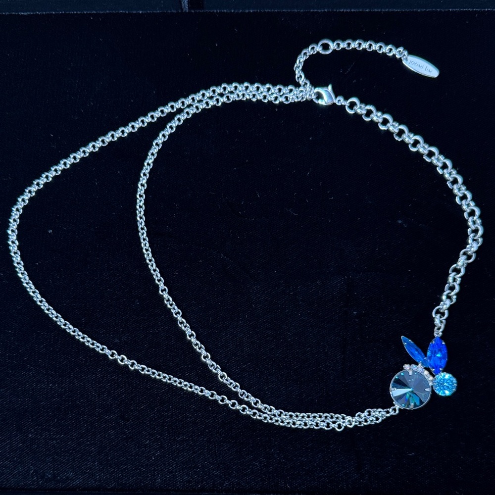 JOOMI LIM Silver‎ Necklace Blue Crystal Accents Asymmetrical Double Chain Goth